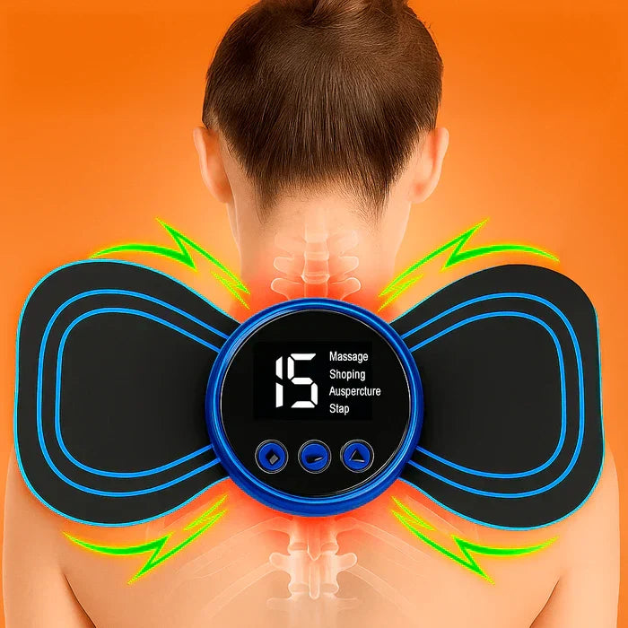 EMS muscle massage pad on upper back with controller and blue electrode pads