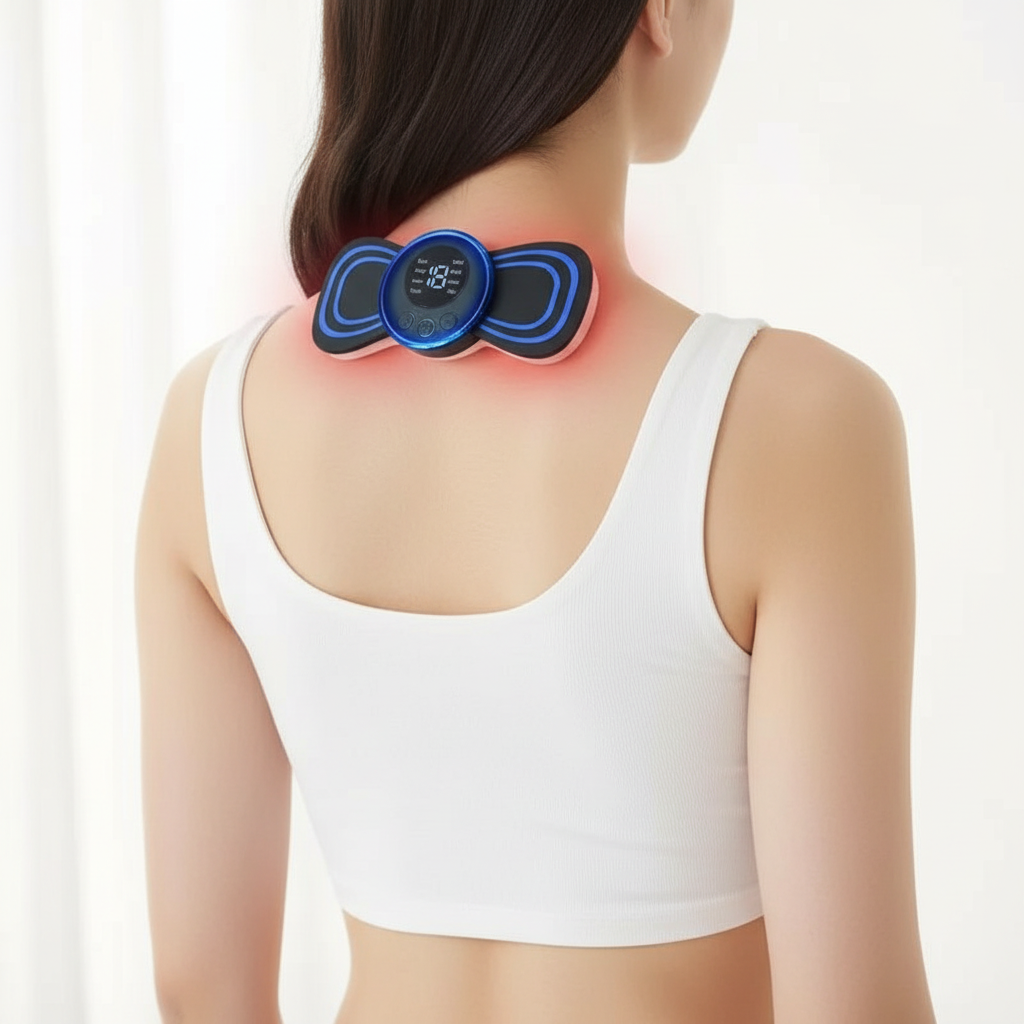 EMS muscle massage pad on neck area with blue electrode pads and round controller