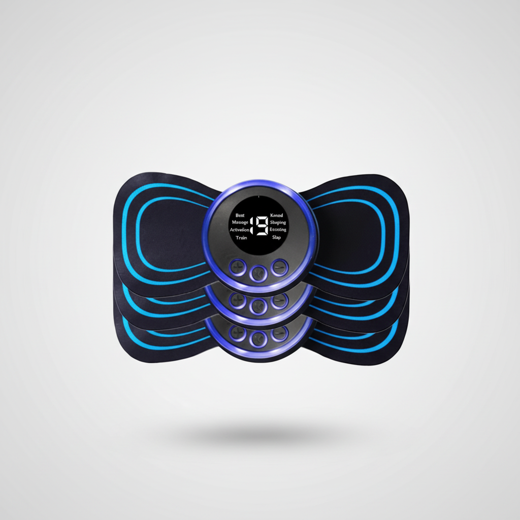 EMS muscle massage pad with triple-pod layout and round central control display