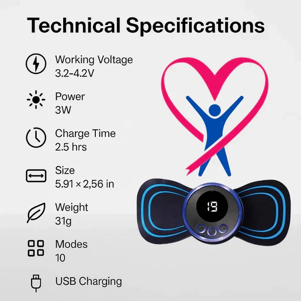 EMS muscle massage pad with round controller and glowing blue ring lights