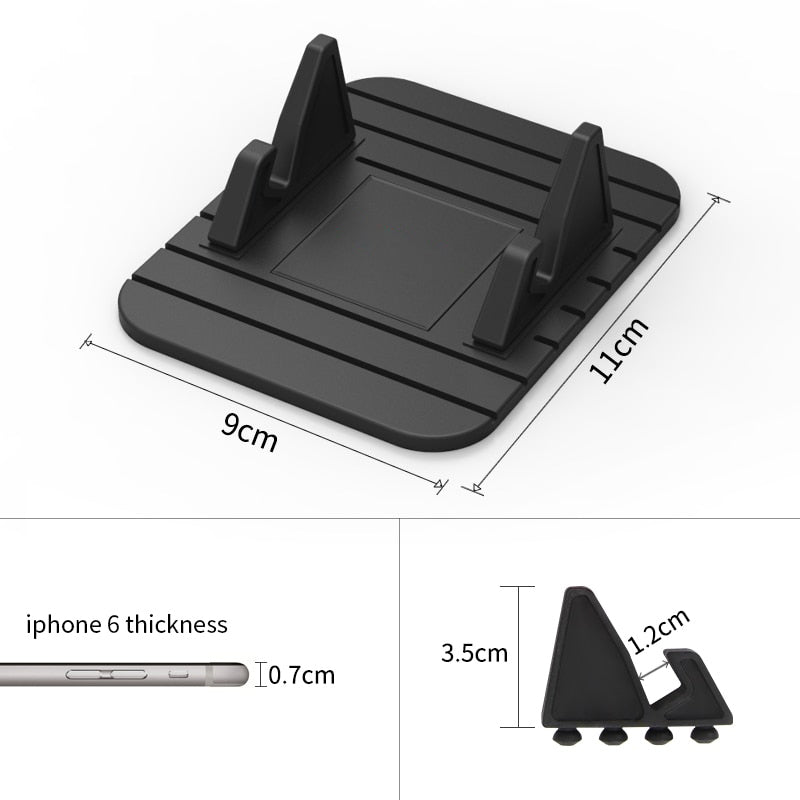 Black phone holder stand with dual triangular grips and dimensions