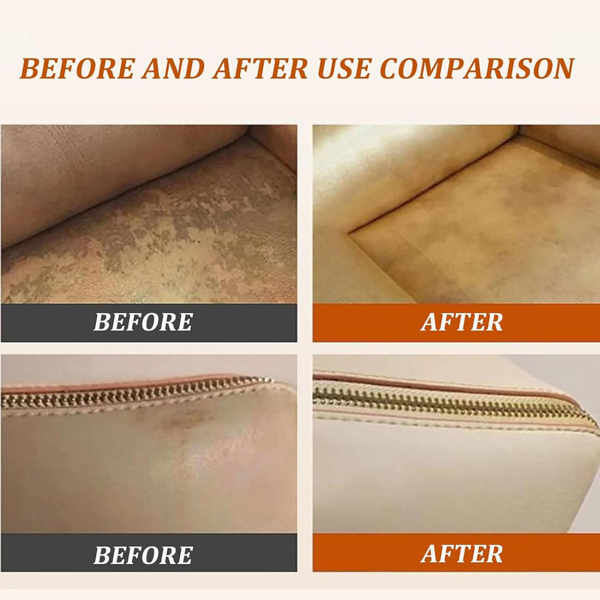 Leather upholstery before-and-after comparison showing surface conditioning