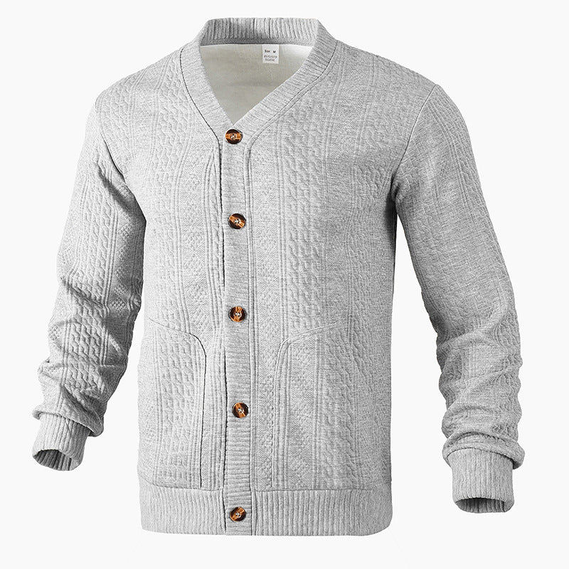 Light gray textured knit button cardigan with V-neck and brown buttons, ribbed cuffs