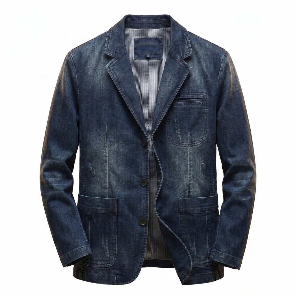 Dark blue denim structured casual blazer with notch lapels and flap pockets