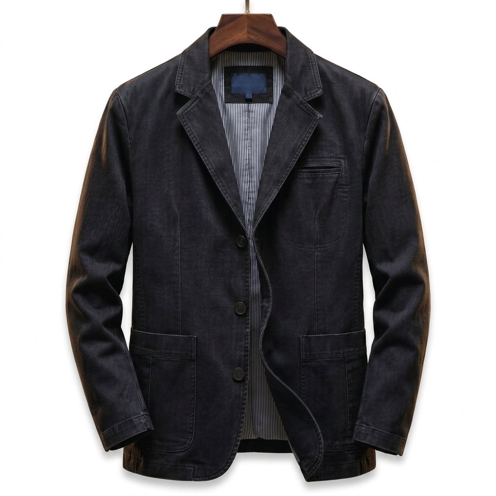Black structured casual blazer with notch lapels and button front, flap pockets
