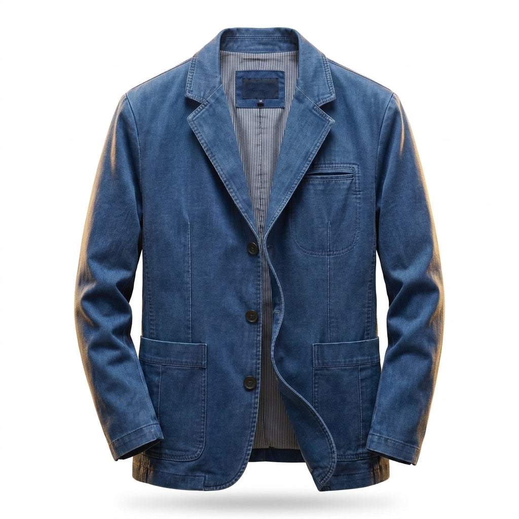Light blue denim structured casual blazer with notch lapels and button front