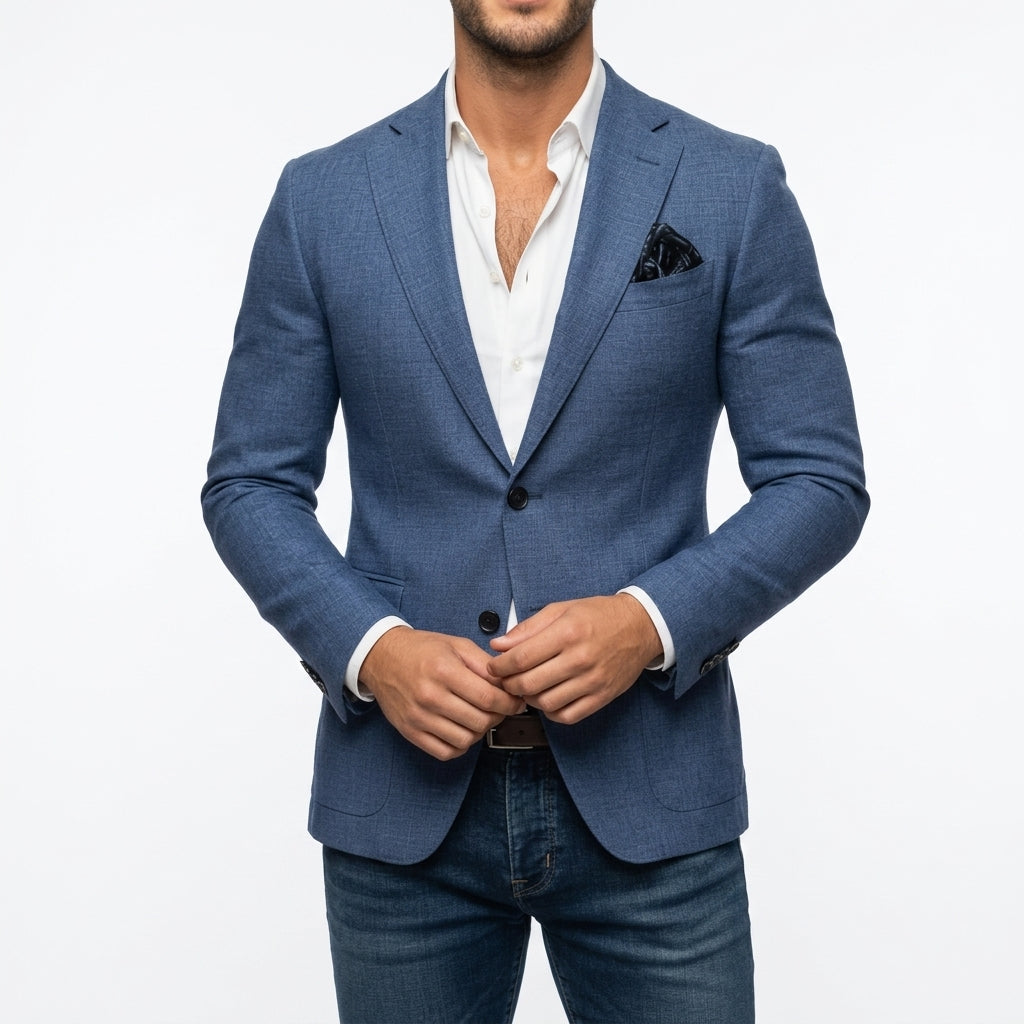 Blue slim blazer with notch lapels, two-button front, and flap pockets.