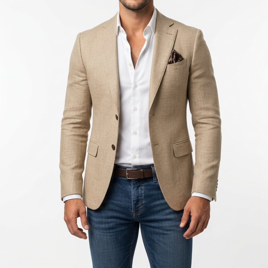 Beige slim blazer with notch lapels, two-button front, and flap pockets.
