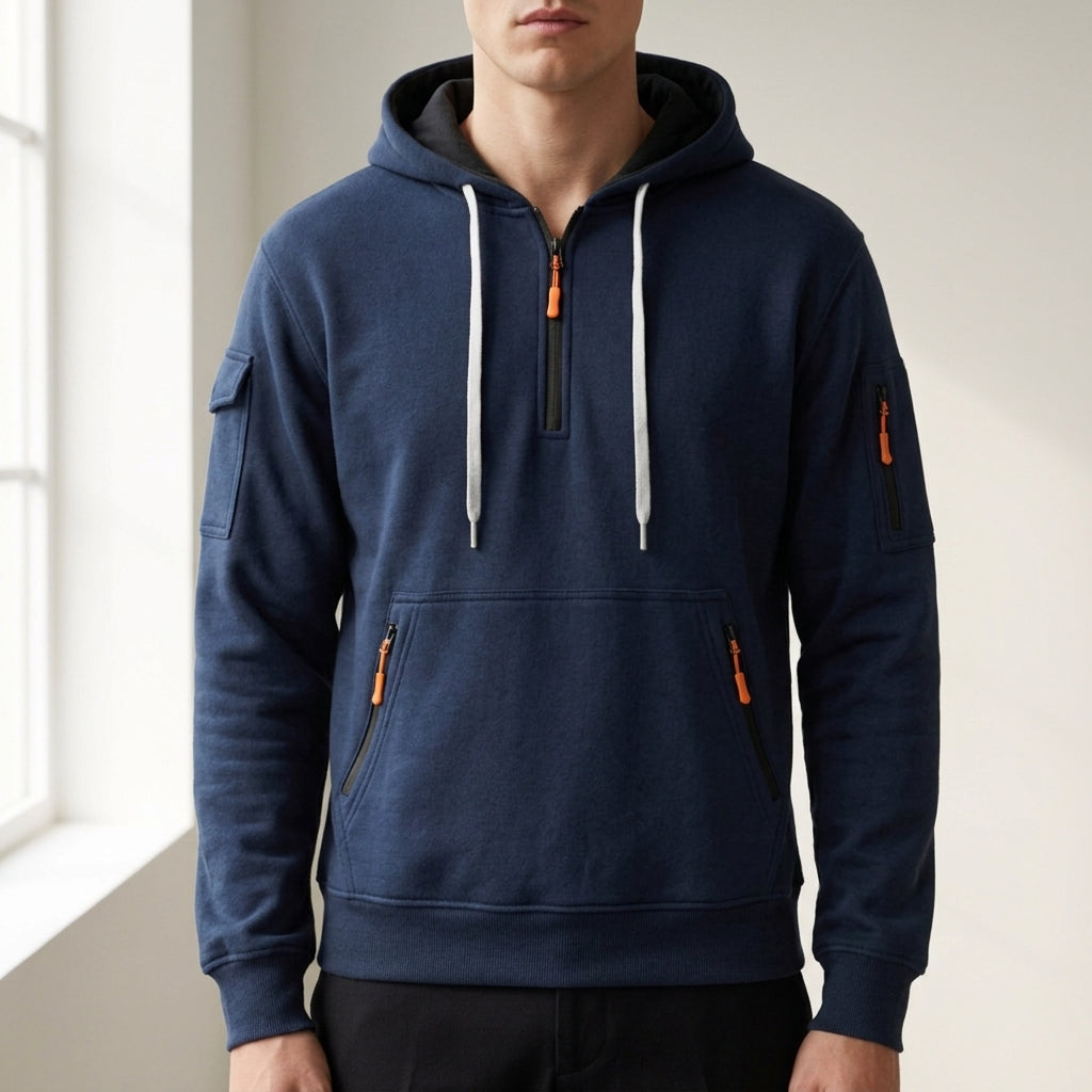 Quarter-zip cargo hoodie, navy blue color view