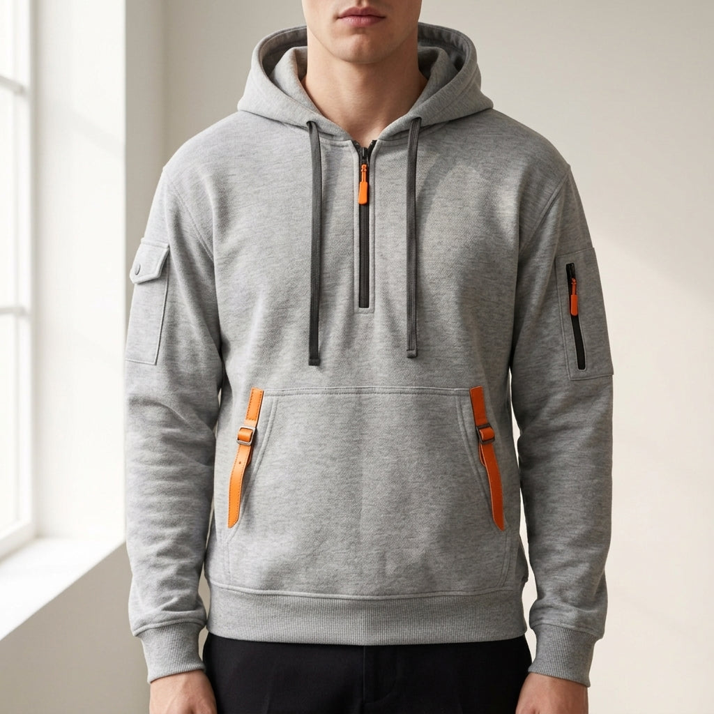 Quarter-zip cargo hoodie, heather gray color view