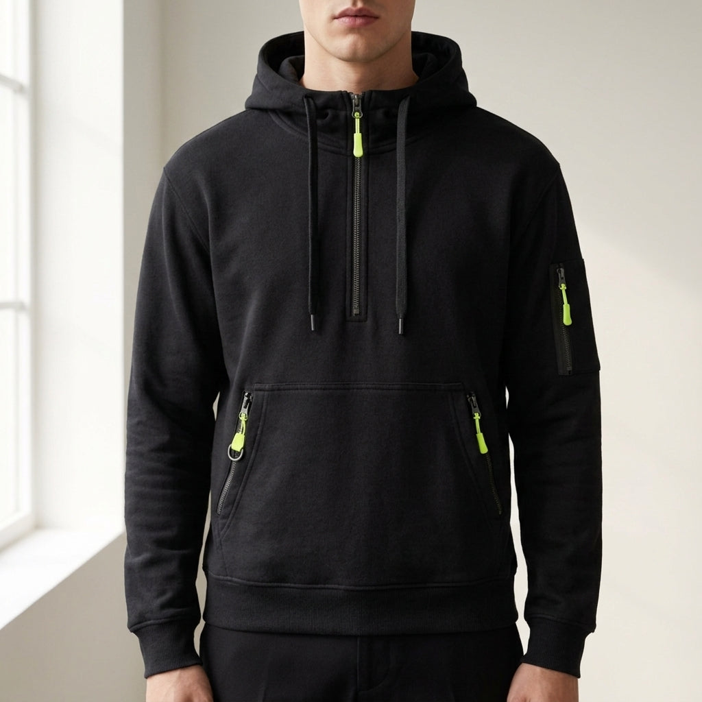 Quarter-zip cargo hoodie, black color view