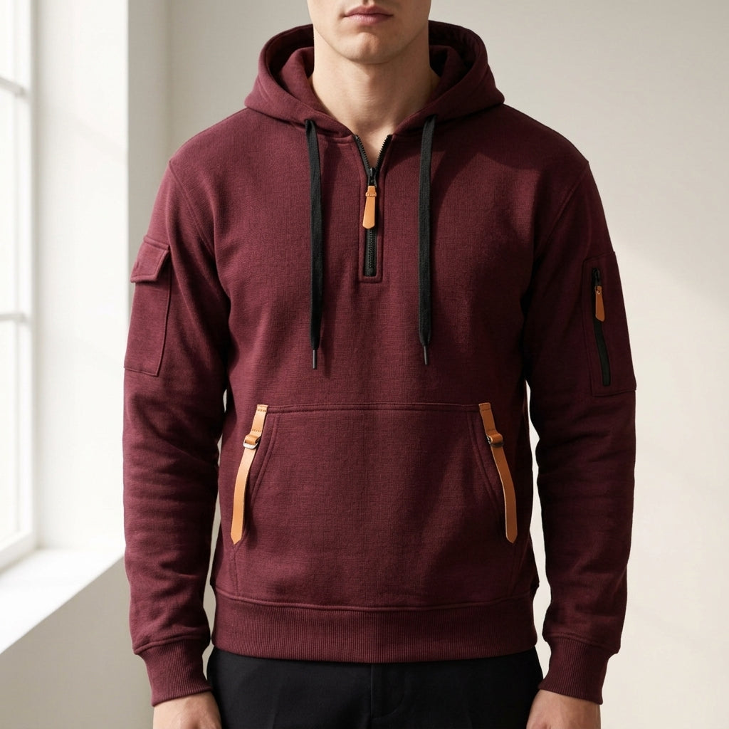 Quarter-zip cargo hoodie, burgundy color view