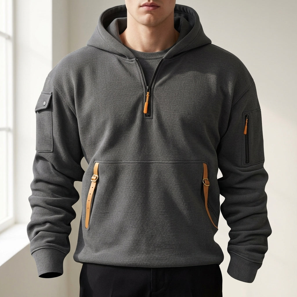 Quarter-zip cargo hoodie, charcoal gray color view