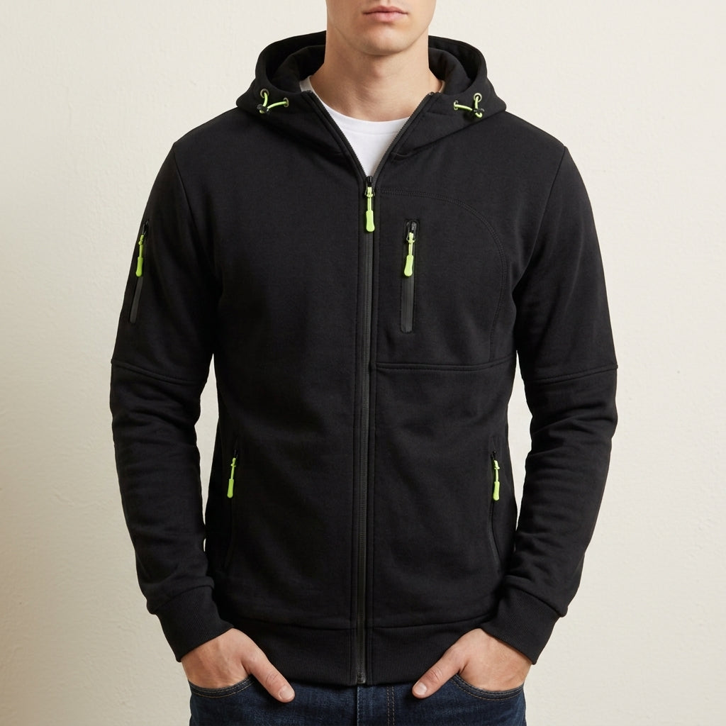 Multi-pocket zip hoodie, black color view