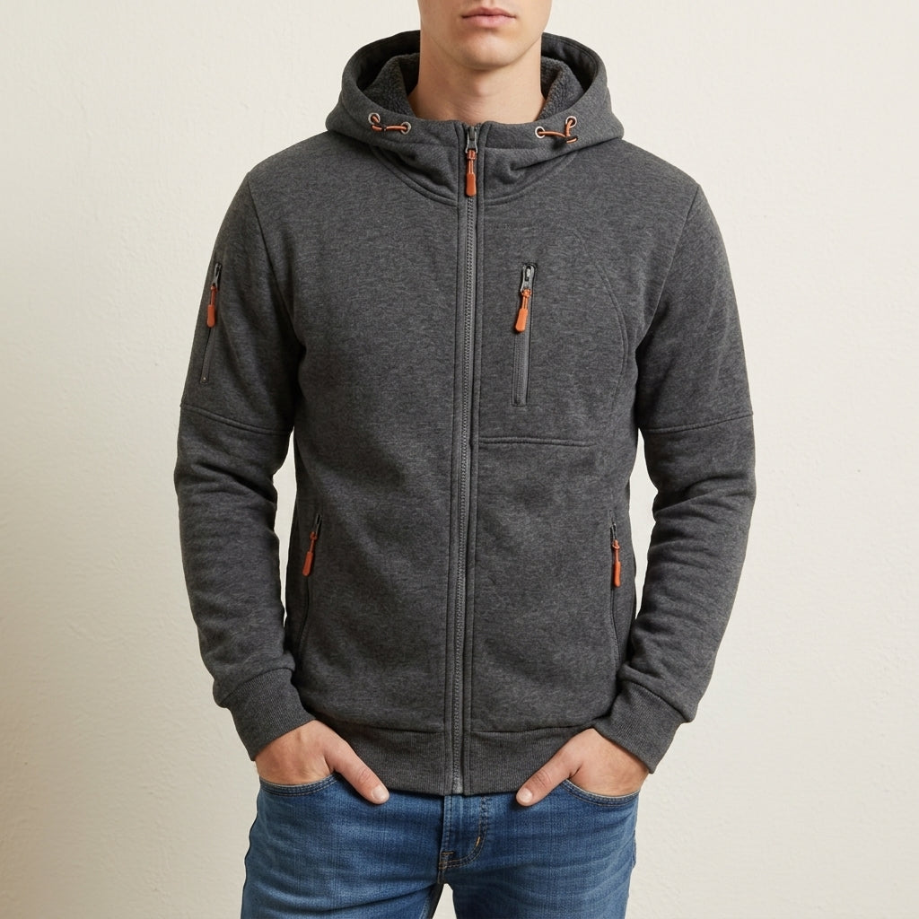Multi-pocket zip hoodie, charcoal gray color view