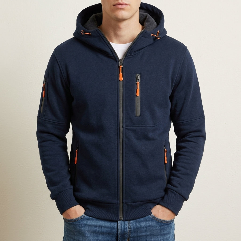 Multi-pocket zip hoodie, navy blue color view