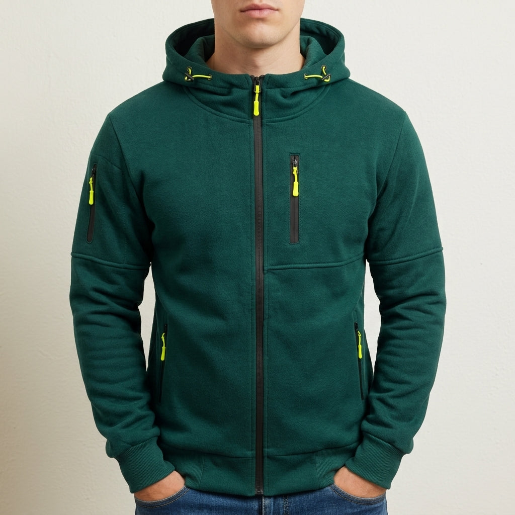 Multi-pocket zip hoodie, forest green color view