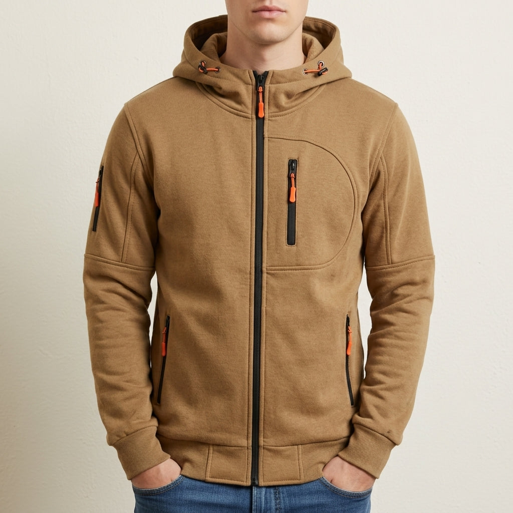 Multi-pocket zip hoodie, camel brown color view