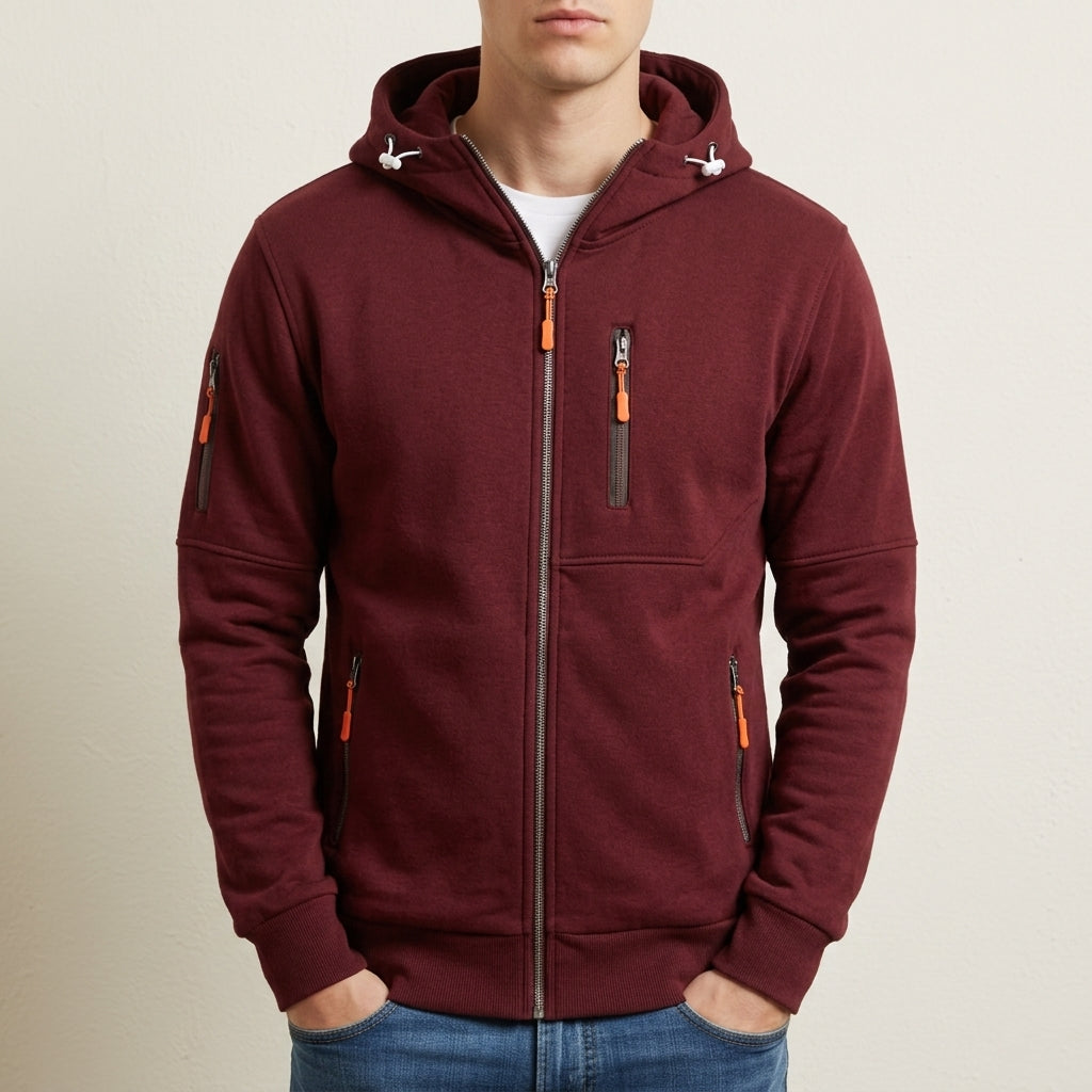 Multi-pocket zip hoodie, burgundy color view