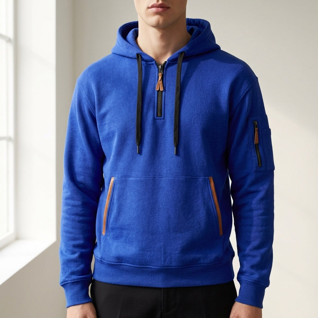 Quarter-zip cargo hoodie, royal blue color view