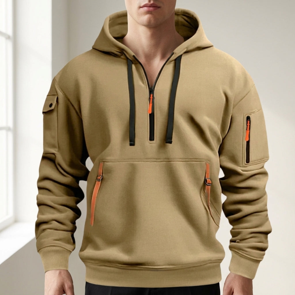 Quarter-zip cargo hoodie, khaki color view