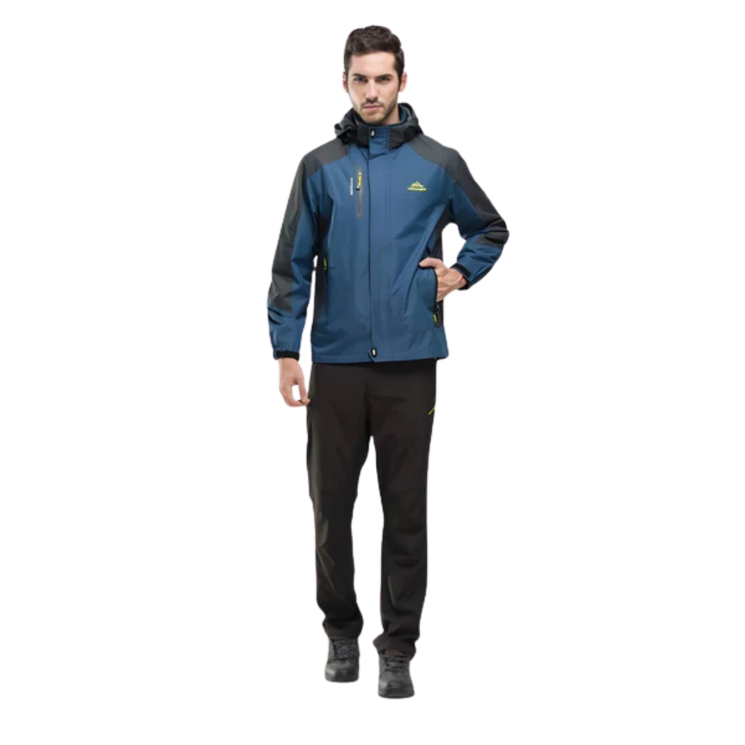 Men's waterproof trekking set on model: blue jacket with dark pants