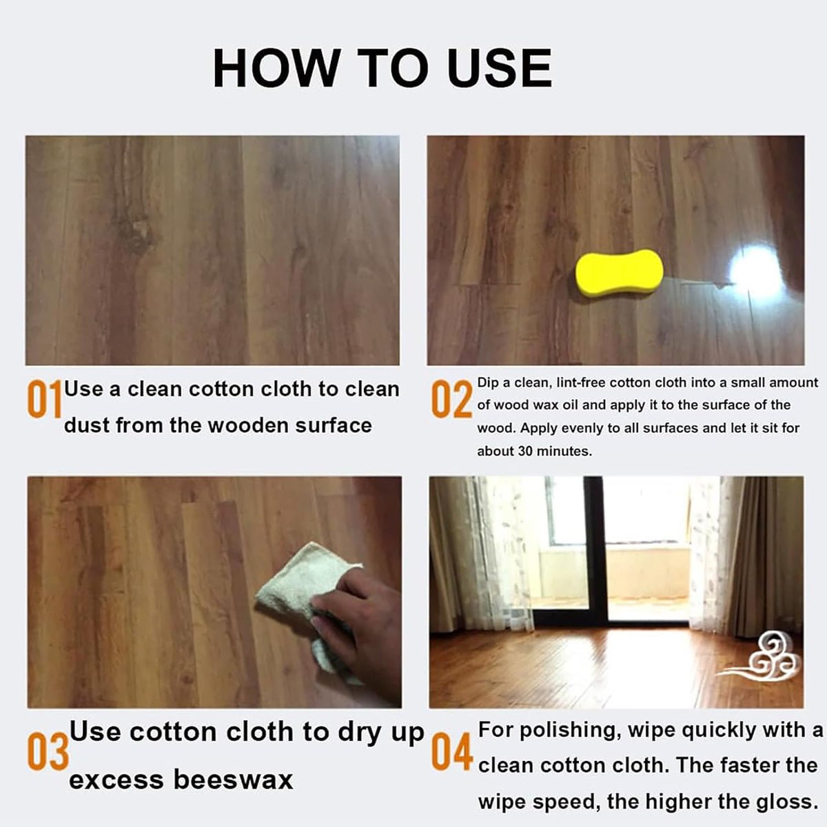 How-to use panel showing cloth cleaning, applying, and polishing