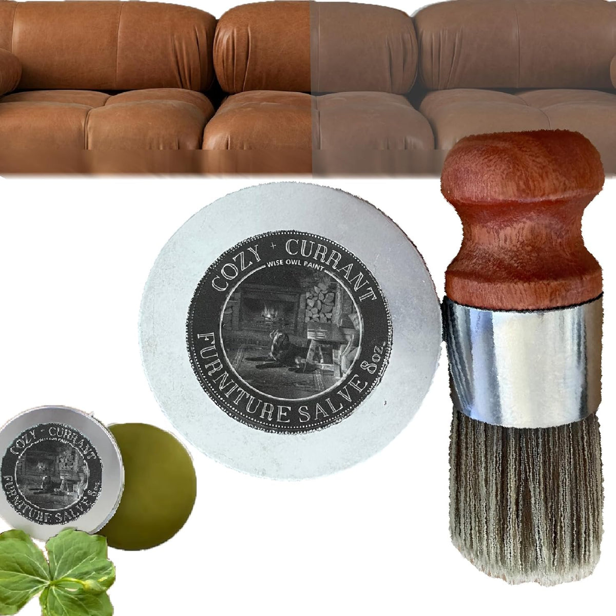 Furniture salve tin and brush with circular label on light lid