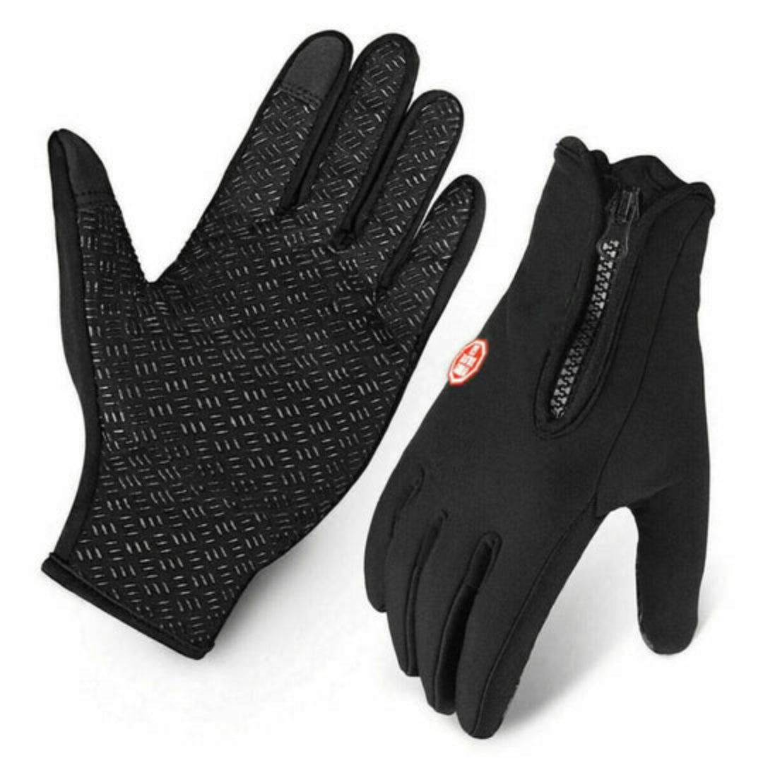 Black winter gloves, one showing side zipper closure and logo patch.