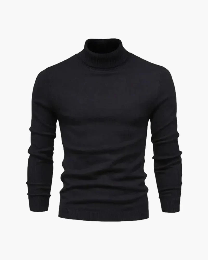Black ribbed turtleneck knit sweater with long sleeves and ribbed cuffs.