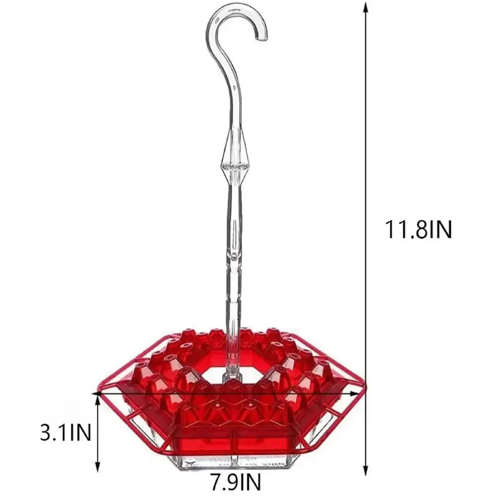 Red ant-proof hanging bird feeder with hook, clear tube, and hexagonal feeding tray.
