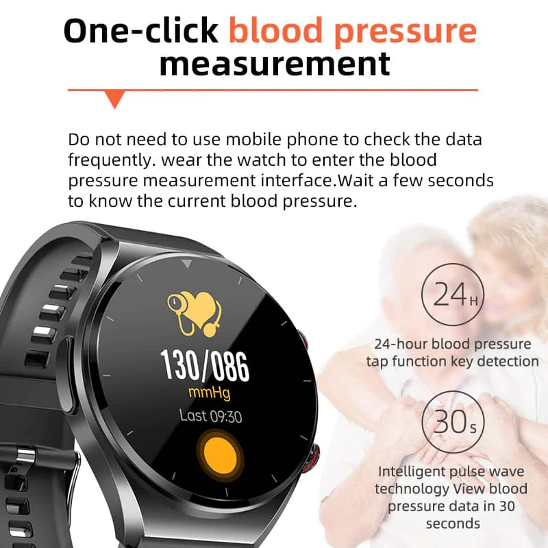 Black smartwatch showing blood pressure 130/86 mmHg on a round display