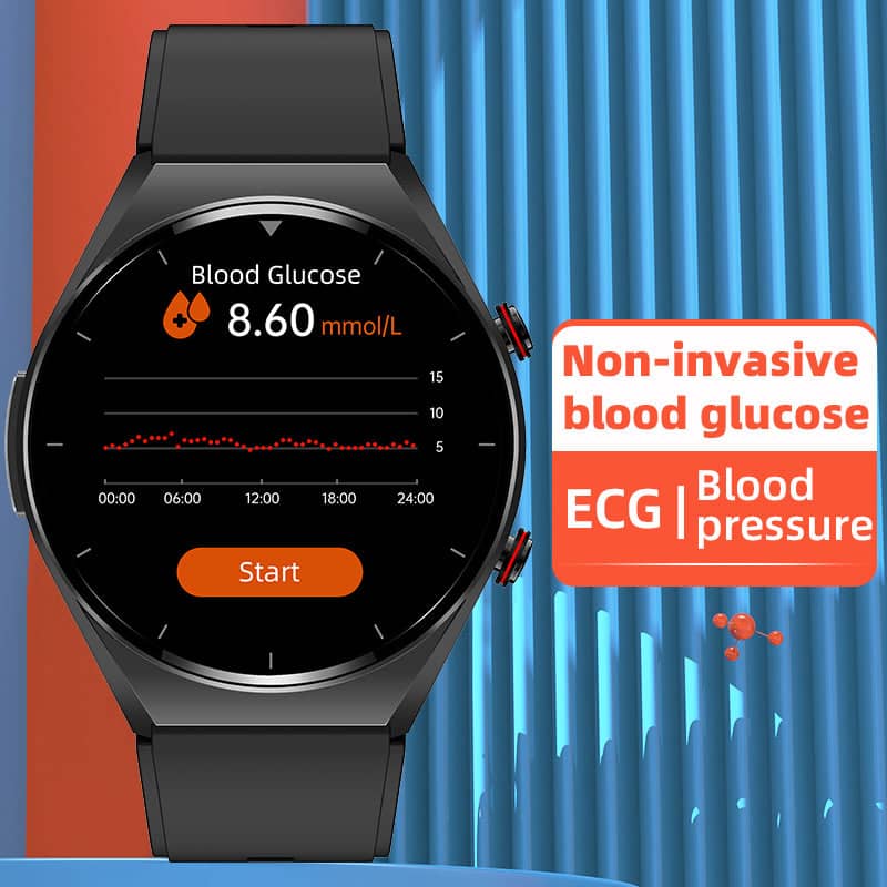 Black smartwatch with blood glucose reading on a round touchscreen face