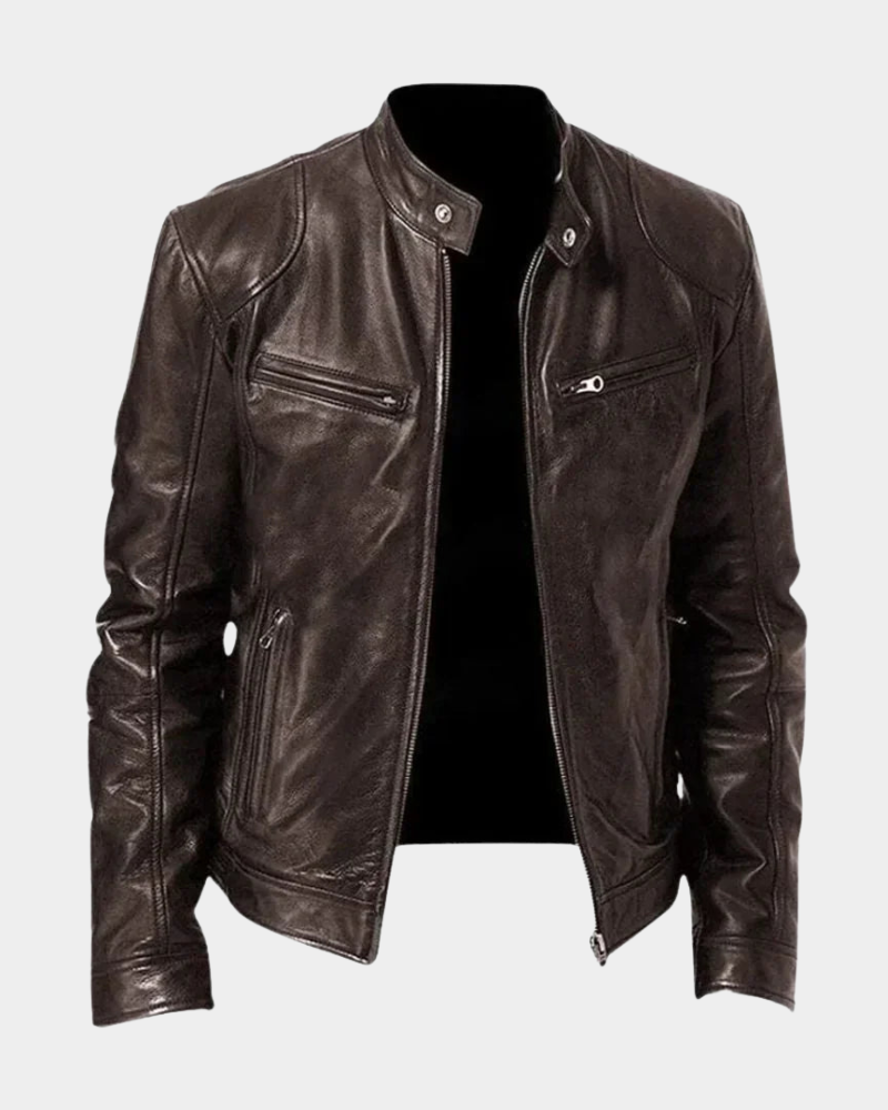 Dark brown leather rider jacket with stand collar, snap buttons, and zip front; zip chest pockets