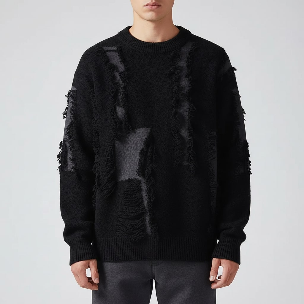 Textured frayed crewneck sweater, front view