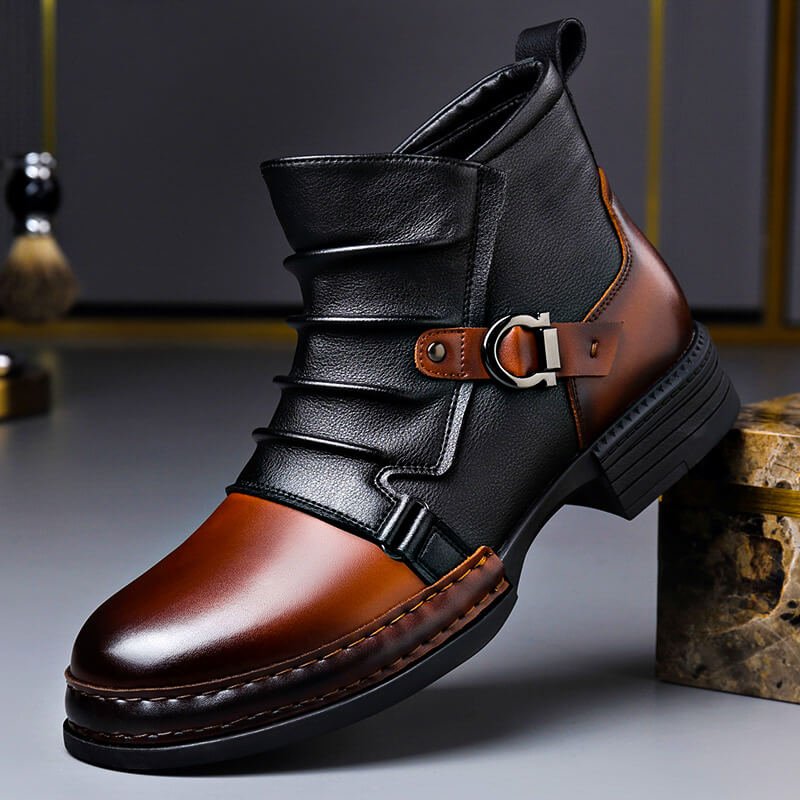 Hand-crafted vintage style boots, cognac brown color view