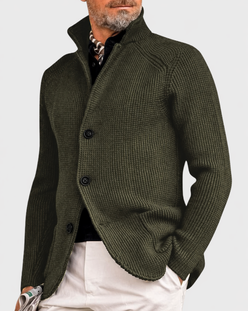 Olive green textured knit button cardigan with stand collar and long sleeves