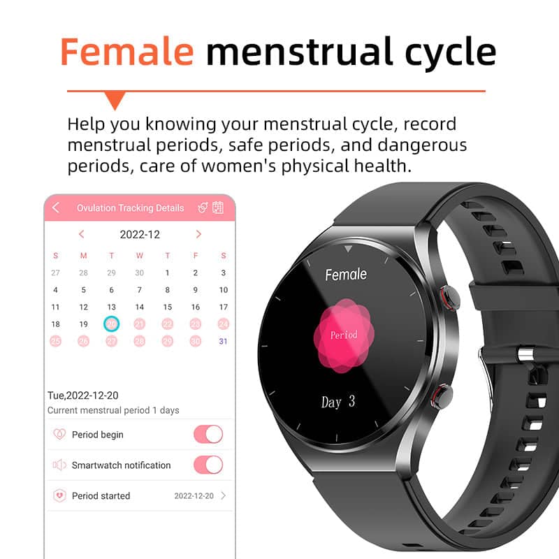 Black smartwatch displaying female menstrual cycle with a day 3 period indicator