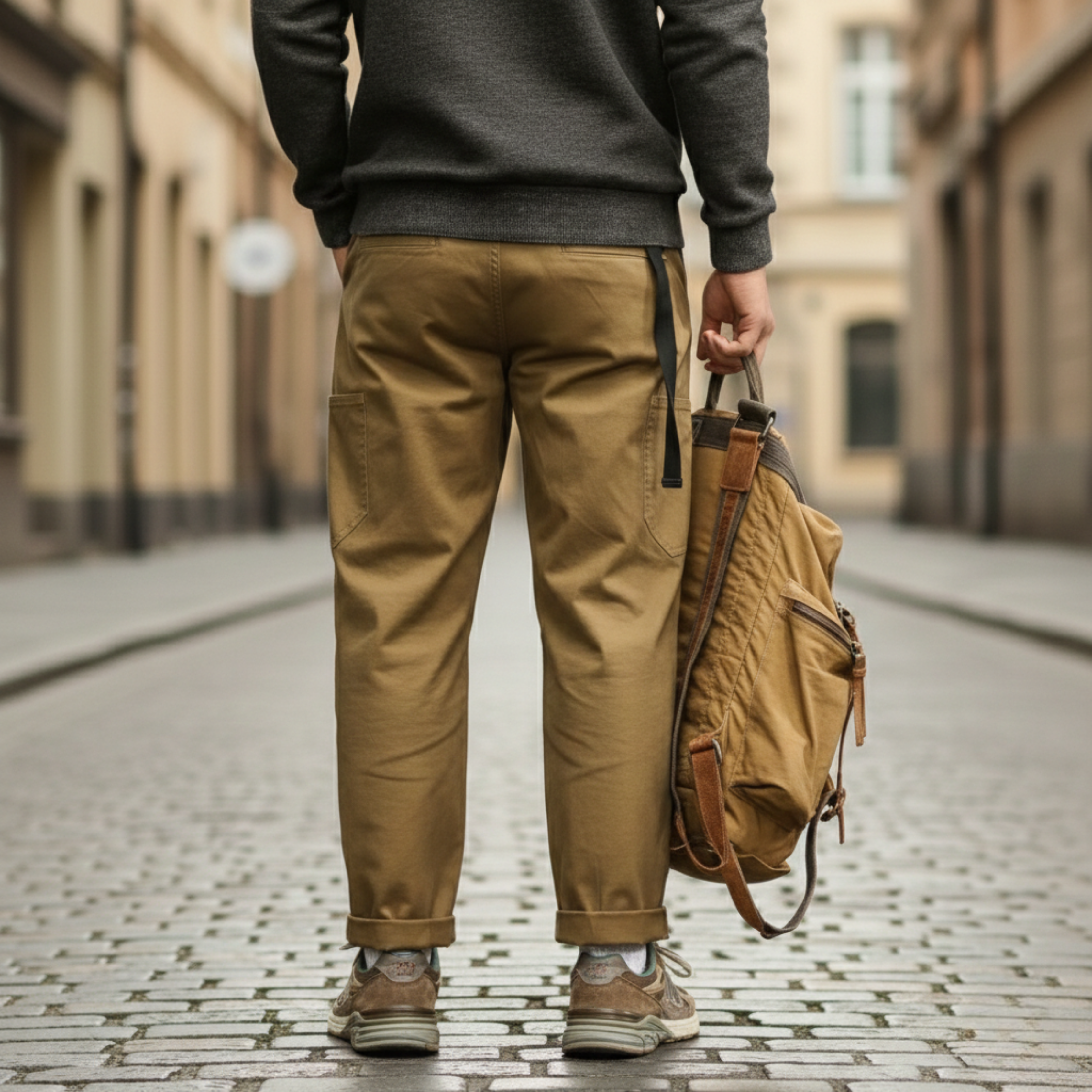 Relaxed straight-leg cargo pants, side profile
