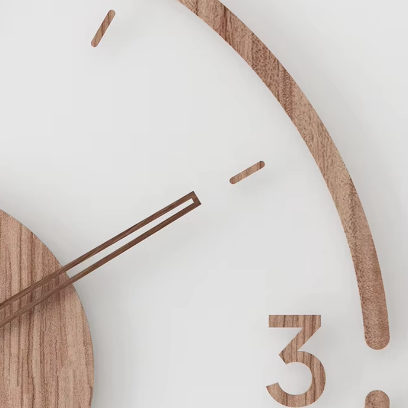 Solid wood wall clock close-up showing long hands and thick outer curved wooden ring