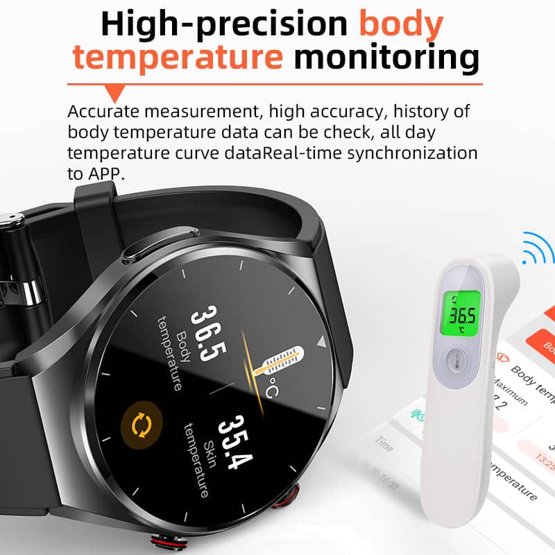 Black smartwatch with body temperature readings and a round gauge-style display