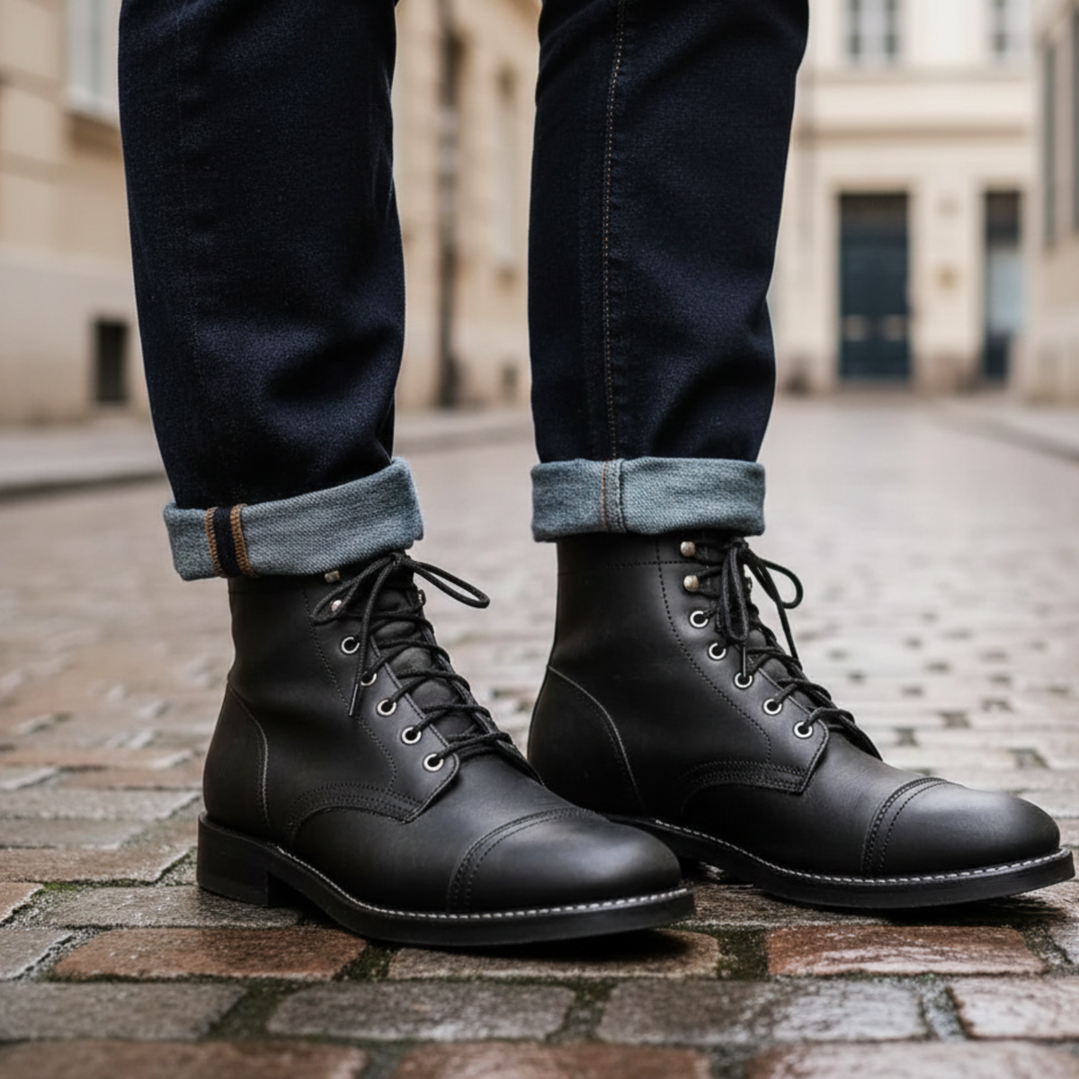 Combat-style lace-up boots, black color view