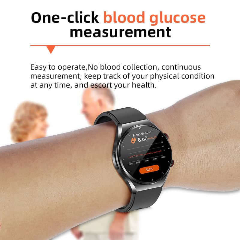 Black smartwatch on wrist showing blood glucose 8.60 mmol/L on round screen