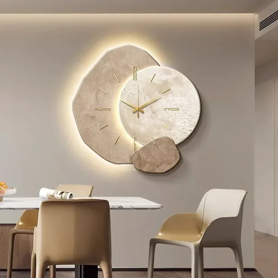 Two-tone LED wood wall clock with Roman numerals and deer motif, warm glow
