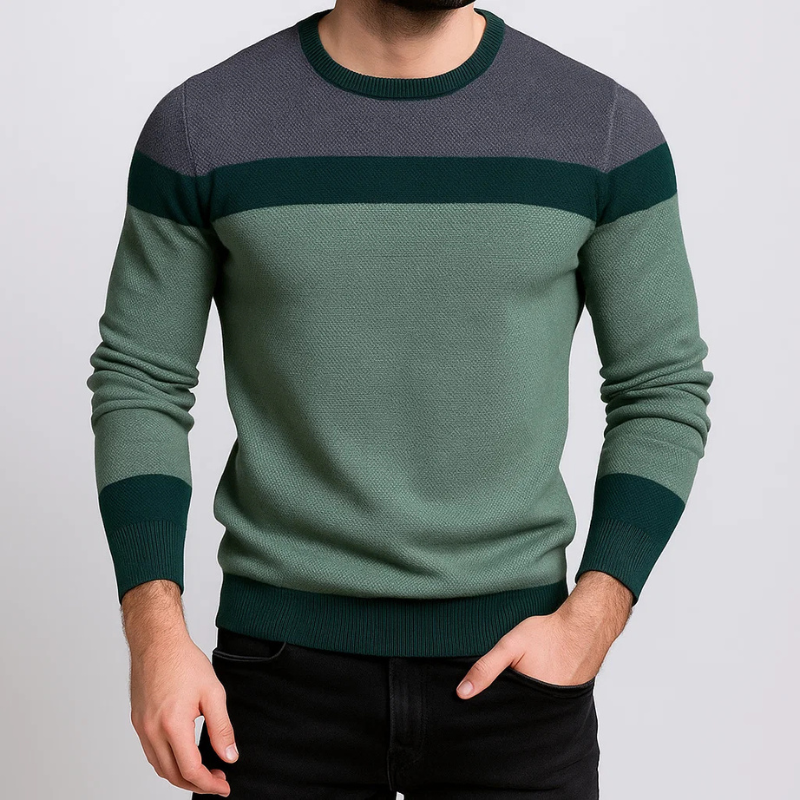 Men's ribbed crew neck pullover in green with dark green wide horizontal stripe bands
