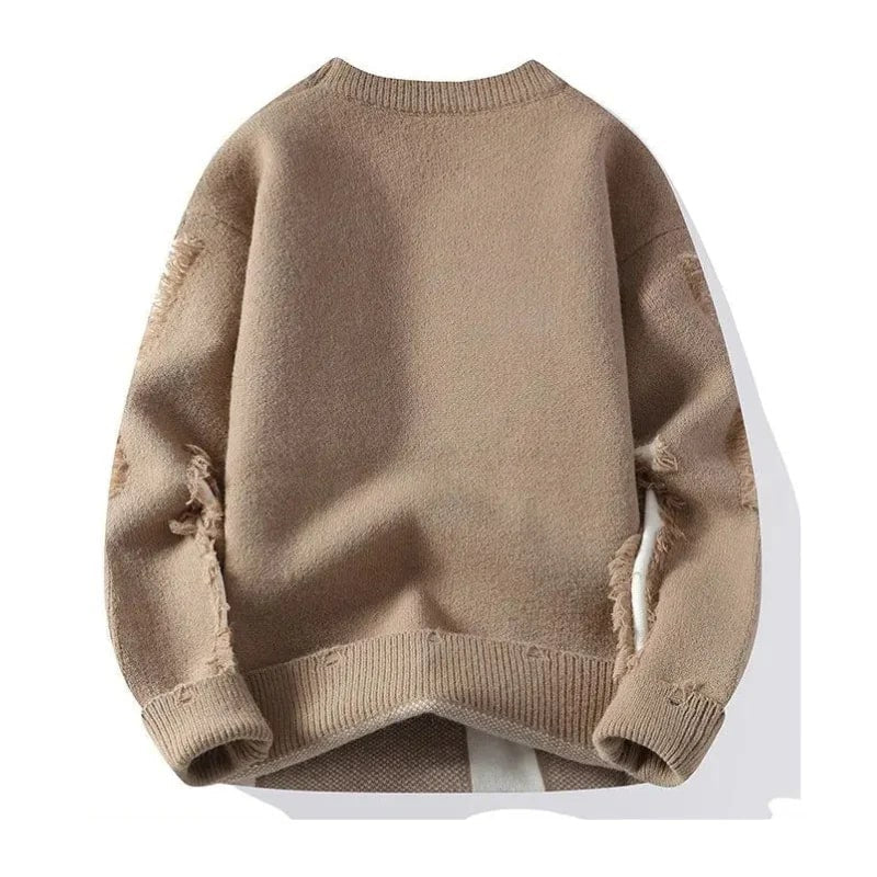 Textured frayed crewneck sweater, closing styled view