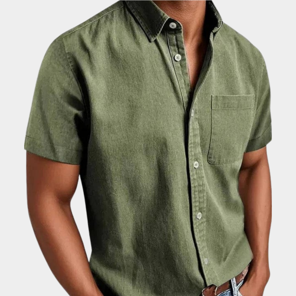 Men's short-sleeve button-up shirt in olive green with chest pocket and button front