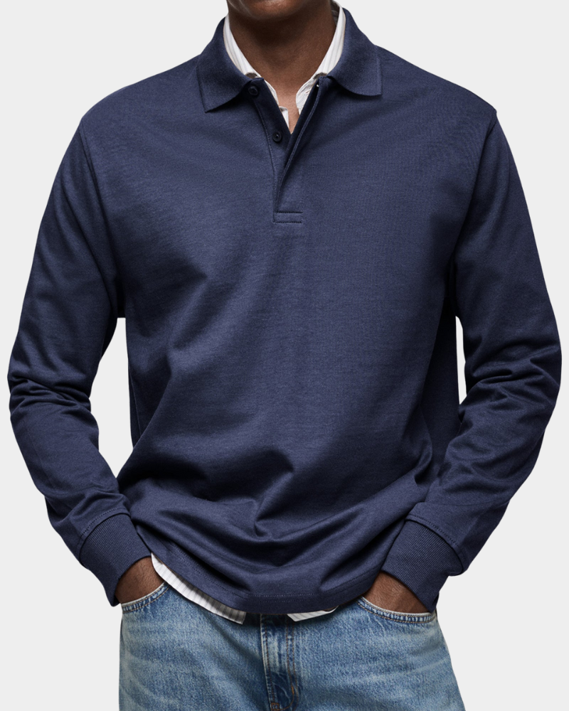 Men's navy long-sleeve polo shirt with button placket and ribbed collar