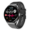 Black health smartwatch with ECG and heart-rate graph on a round display