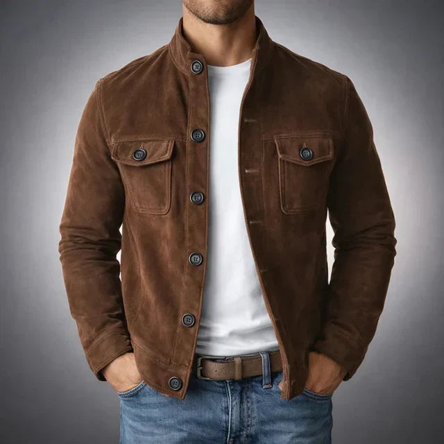 Dark brown suede-style pocket jacket with button front and two flap chest pockets